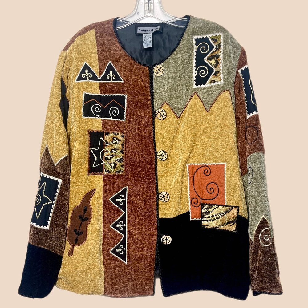 Indigo Moon Jacket 1X Patchwork Chenille Gold Earth Tones Fully Lined